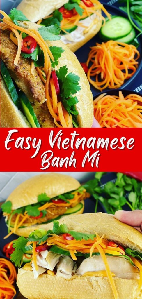 bahn mi with pickled carrots, chicken and buns, Pinterest pin