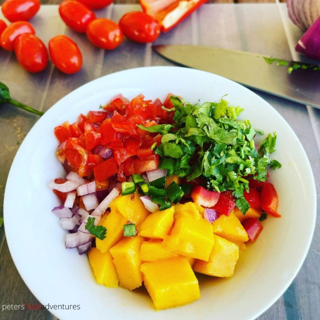 diced ingredients for mango salsa