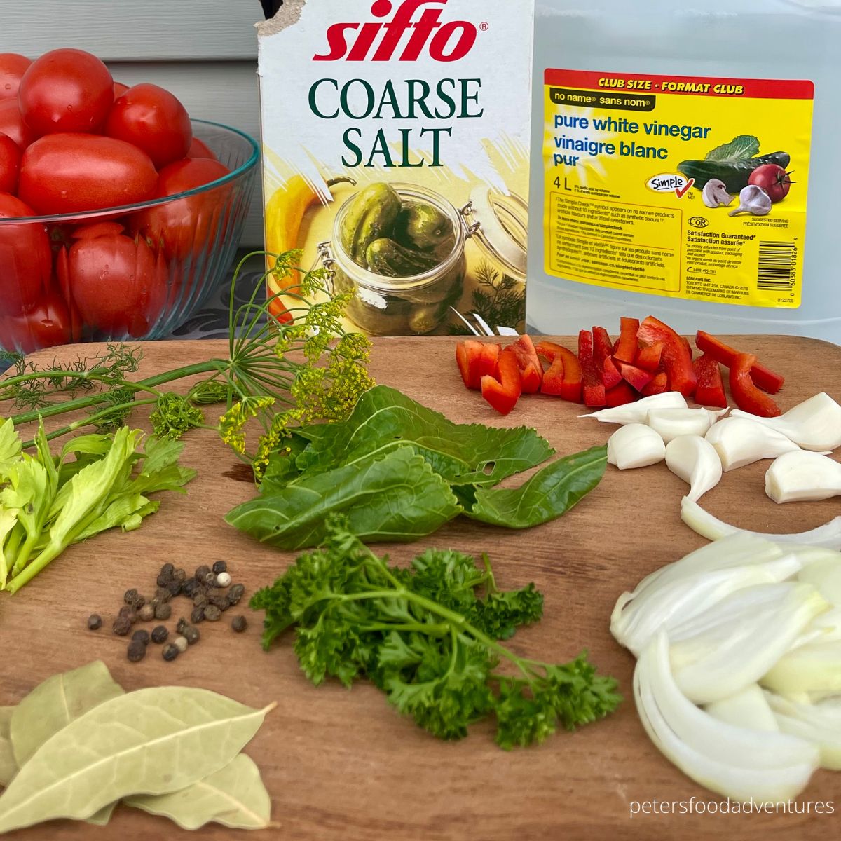 chopped ingredients for canned tomatoes with salt and vinegar