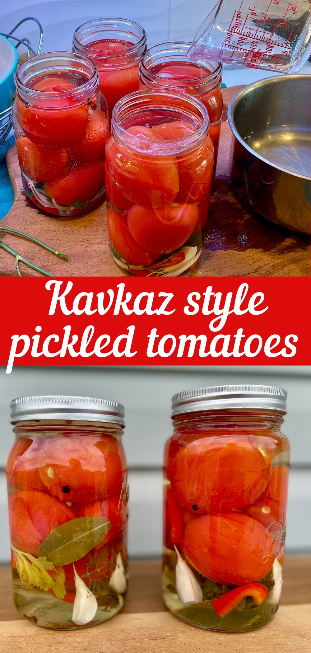 kavkaz tomatoes in glass jars pin