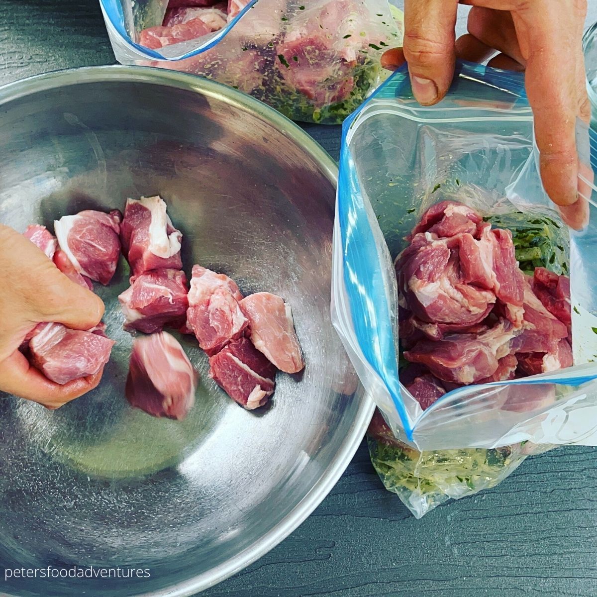 marinating pork pieces into ziploc bag