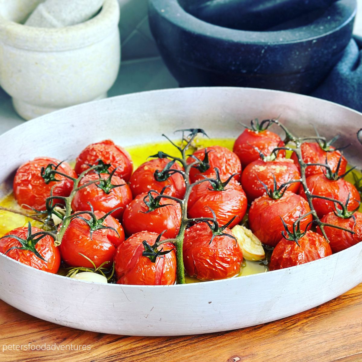 roasted cherry tomatoes in a pan