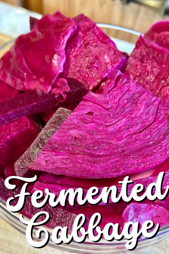 closeup of pink fermented cabbage