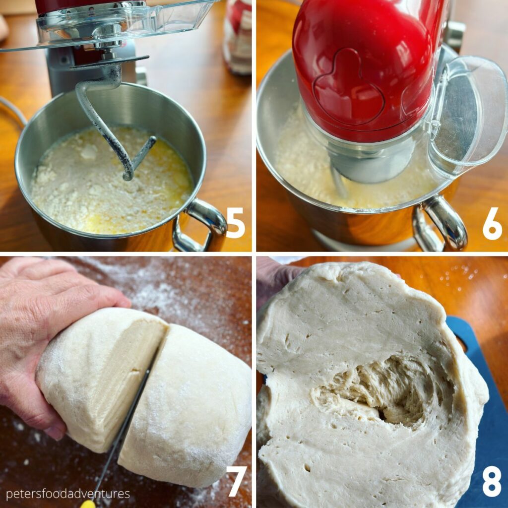 mixing dough in mixer and cutting it